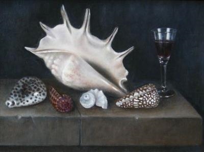 Shells and Glass on a Stone Ledge