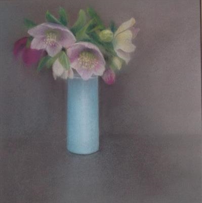 Hellebores and Blue Vase