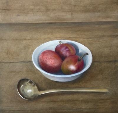 Bowl of Plums and Spoon