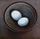 Blue Eggs in a Saltglaze Bowl by Linda Brill, Painting, Oil on Board