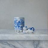 Blue and White Cat by Linda Brill, Painting, Oil on Board