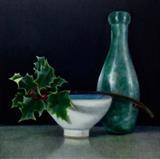 Bottle and Holly by Linda Brill, Painting, Oil on Board