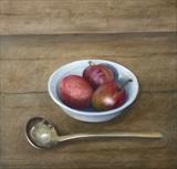 Bowl of Plums and Spoon by Linda Brill, Painting, Oil on Board