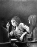 Cafe Girls by Linda Brill, Drawing, Charcoal on Paper