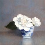 Camellias in a Coffee Cup by Linda Brill, Painting, Oil on Board