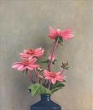 Dahlias in a Gin Bottle by Linda Brill, Painting, Oil on canvas