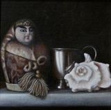 Doll and Cup by Linda Brill, Painting, Oil on Board