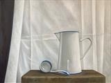 Enamel Jug and Blue and White Ladle by Linda Brill, Painting, Oil on Board