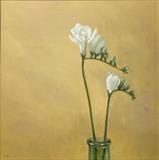 Freesia on a Yellow Ground by Linda Brill, Painting, Oil on Board