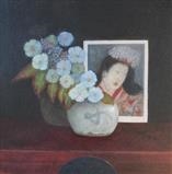 Japanese Head and Hydrangea by Linda Brill, Painting, Oil on Board