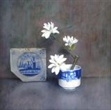 Magnolia Stellata and Dutch Tile by Linda Brill, Painting, Oil on Board