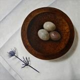 Marble Eggs in a Turned Bowl by Linda Brill, Painting, Oil on Board