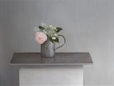 Rose and Hydrangea in a Quart Measure by Linda Brill, Painting, Oil on Board