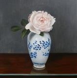 Rose in a Blue and White Vase by Linda Brill, Painting, Oil on Board