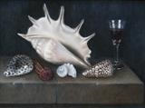 Shells and Glass on a Stone Ledge by Linda Brill, Painting, Oil on Board