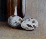 Speckled Eggs and Brown Bottle by Linda Brill, Painting, Oil on Board