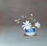 Stellata with tile and blue and white pot by Linda Brill, Painting, Oil on Board