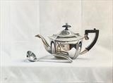 Teapot and Silver Ladle by Linda Brill, Painting, Oil on Board