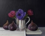 Three Figs and Anemonies by Linda Brill, Painting, Oil on Board