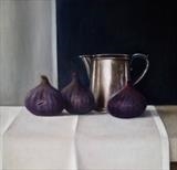 Three Figs and a Silver Jug by Linda Brill, Painting, Oil on Board