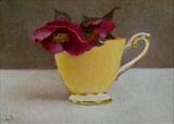 Yellow cup and Hellebore by Linda Brill, Painting, Oil on Board