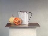 enamel Jug and Pumpkins by Linda Brill, Painting, Oil on Board